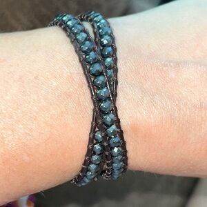 Blue beaded leather wrap bracelet